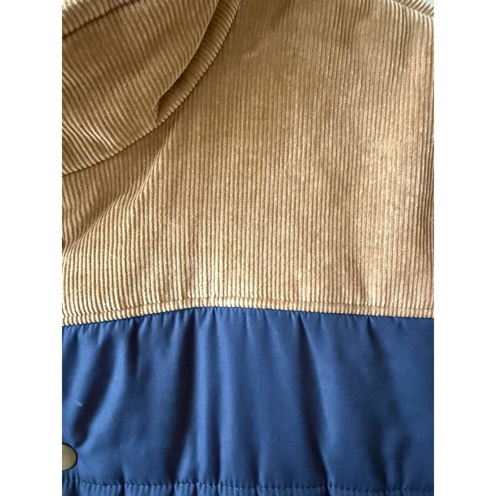 J.Crew Mens Puffer Vest Navy Blue Tan Corduroy Yoke Quilted Snap Front XL GORP